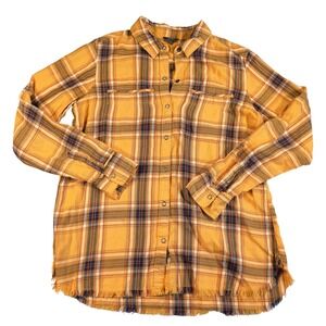 Eddie Bauer Womens Medium Plaid Button Down Shirt Long Sleeve Frayed Hem Relaxed